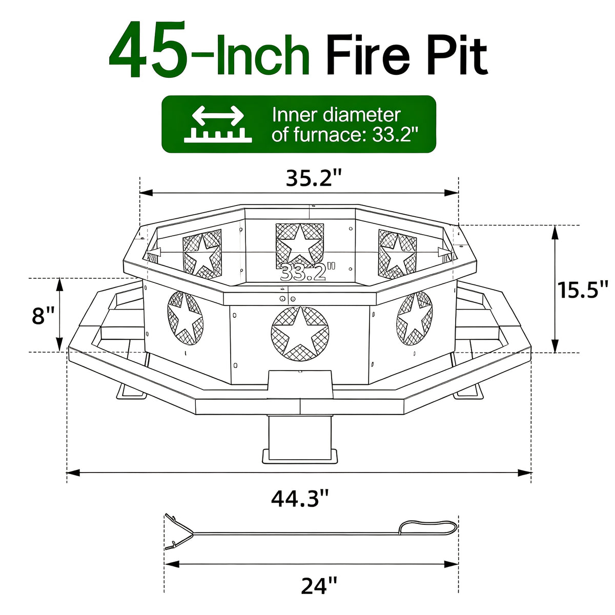 43 Inch Fire Pit For Outside Wood Burning, Outdoor Octagonal Fire Pit With Poker, Large Firepit For Camping, Backyard, Patio, Black