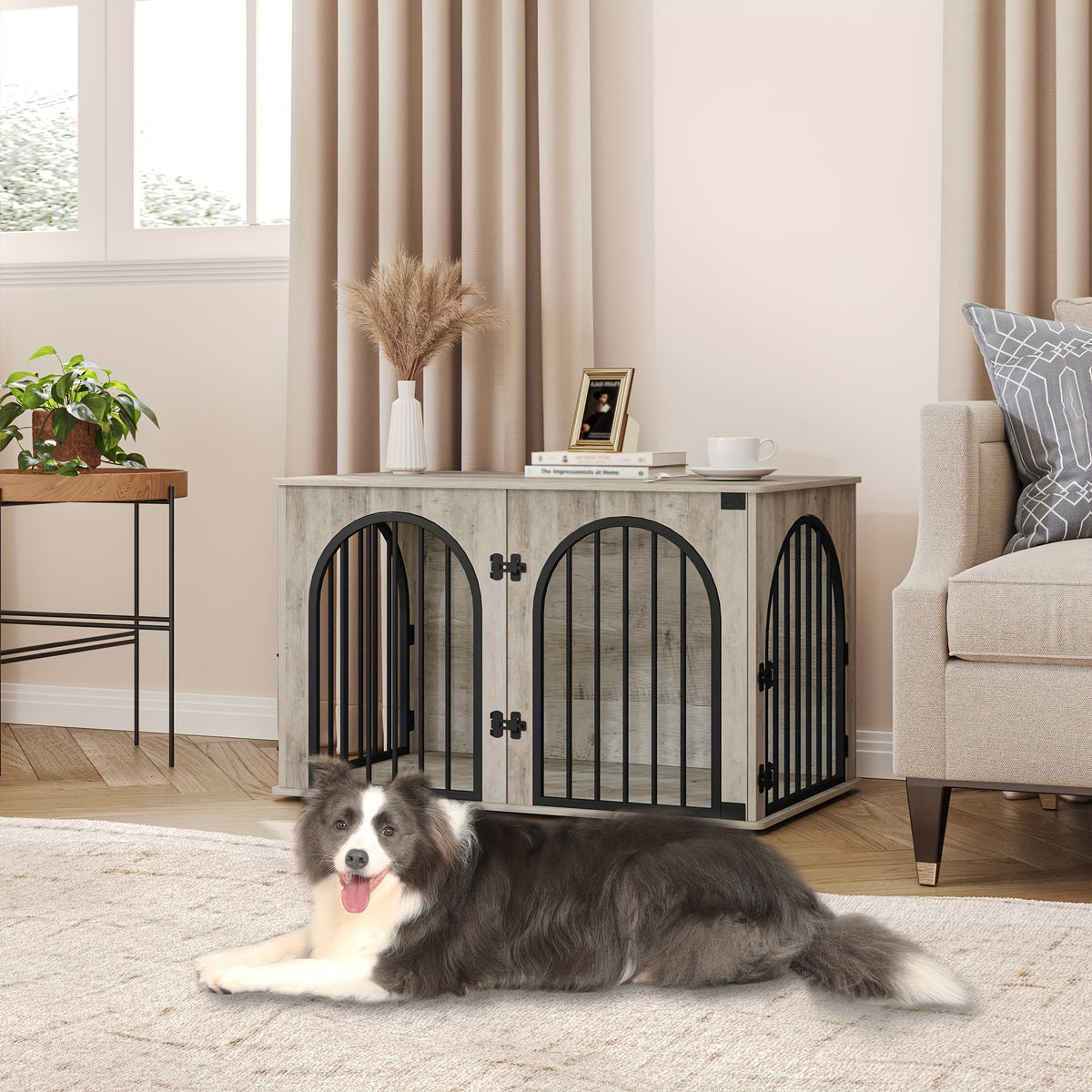 39.4'' Dog Crate Furniture - Dog Kennel Indoor Arched Door Design, Wooden Dog Crate Furniture For Small/Medium/Large Dog, Side Table, TV Stand, Anti-Chew, Anti-Escape - Rustic Brown, Black Gold, Greige Black, White Brown - For Dog Owners - Provides Safe &