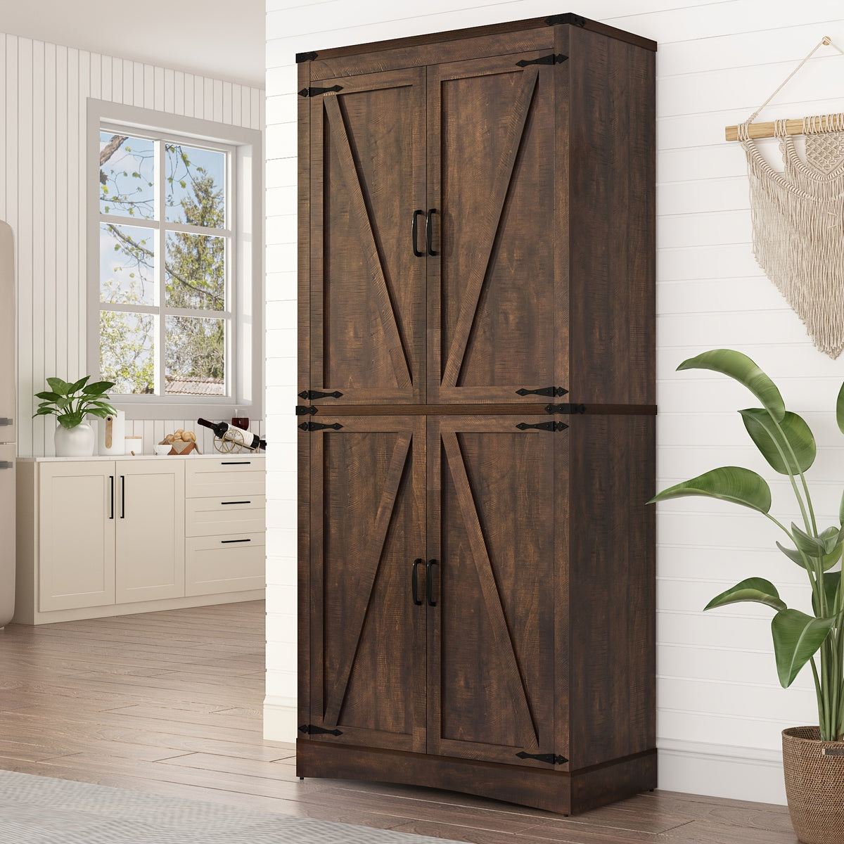 Farmhouse Tall Storage Cabinet with 4 Doors & Adjustable Shelves, 71in Pantry Cabinet for Kitchen, Living Room, Dining Room, Bathroom, Rustic Wood Storage Cabinet