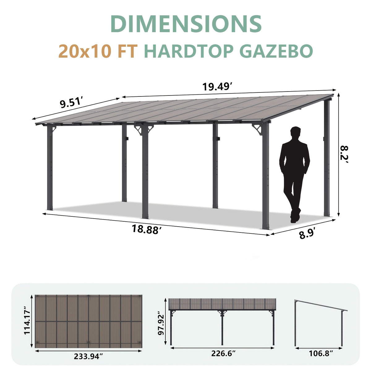 8 X 5FT, 8 X 6FT, 8 X 10FT, 12 X 10FT, 14 X 10FT, 16 X 10FT, 20 X 10FT Hard Top Gazebo Pergola Kit - Wall Mounted Lean-To Aluminum Alloy Awning with Canopy Roof, All-Weather Outdoor Cover for Patio, Backyard, Deck (Multi-Size Selection)