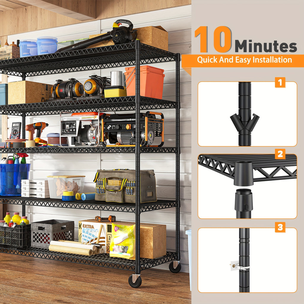 REIBII Storage Shelves 3200 LBS Capacity Wire Shelving with Wheels Heavy Duty Metal Shelf for Warehouses, Garage, Kitchens, School, Commercial Shelf, 73" H X 60" W X 18" D, Standing Shelf