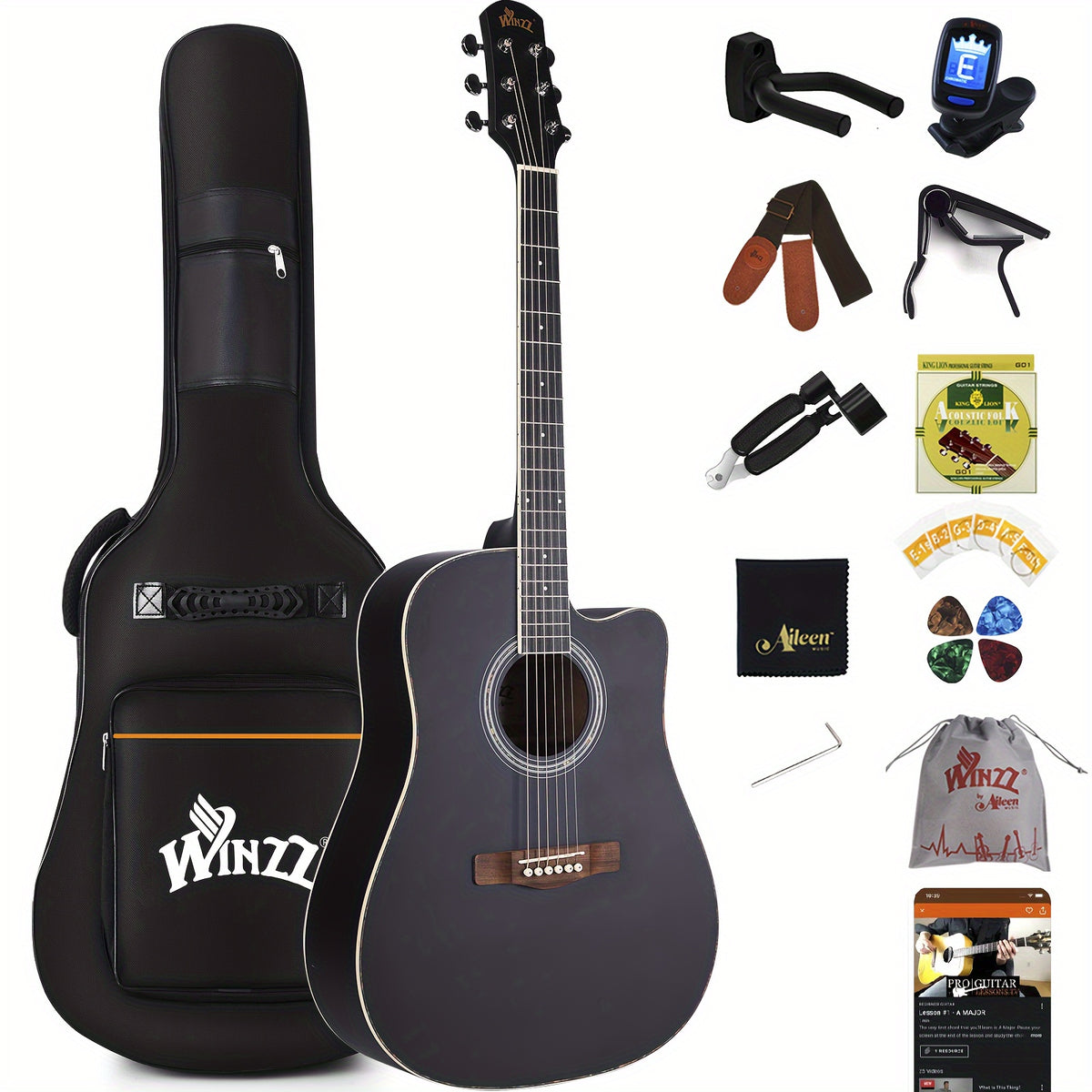 [Beginner Kit] WINZZ TG-A4 41-Inch Acoustic Cutaway Guitar Package for Beginners Adult Teen - Starter Kit, Glossy Sunburst
