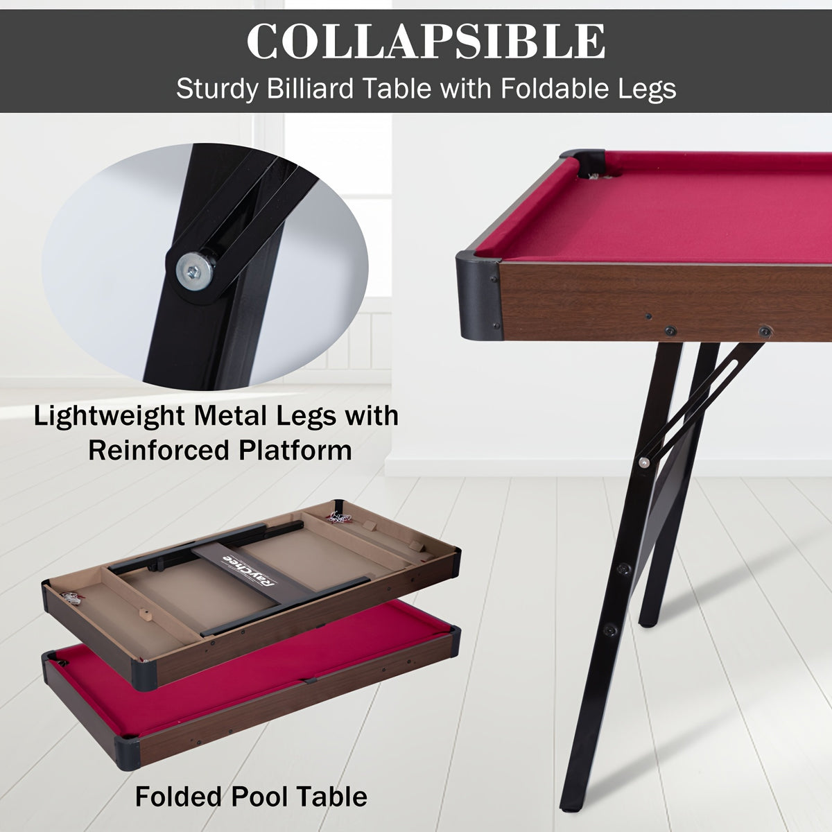 54-Inch Billiard Table, Collapsible Pool Table for Home Gaming Area, Portable Billiard Table with Reinforced And Durable Steel Legs, Adjustable And Non-Slip Foot Pads, Complete Accessory Set
