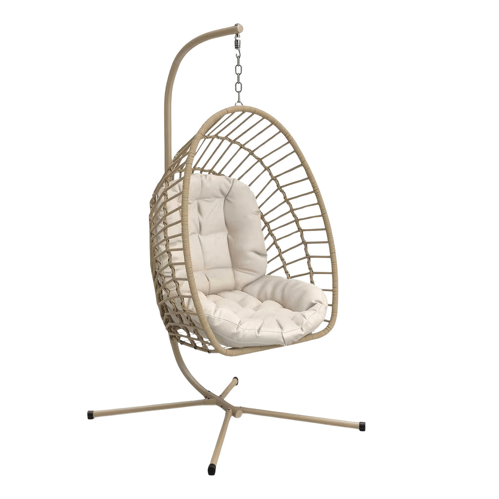 Hanging Egg Chair with Stand Only for Outdoor, Foldable Rattan Wicker Hammock Egg Swing Chair for Porch Patio Garden, 350LBS Capacity, Beige