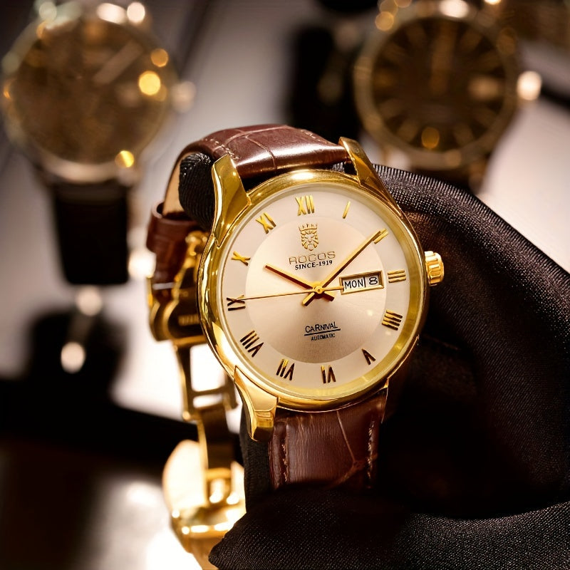 ROCOS Brand Luxury Golden Men's Watches High-end Business Simple Fashion Men's Watches Automatic Mechanical Watches Sun Pattern Brushed Dial Calfskin Strap Waterproof Men's Watches Week Calendar Display Gifts for Men