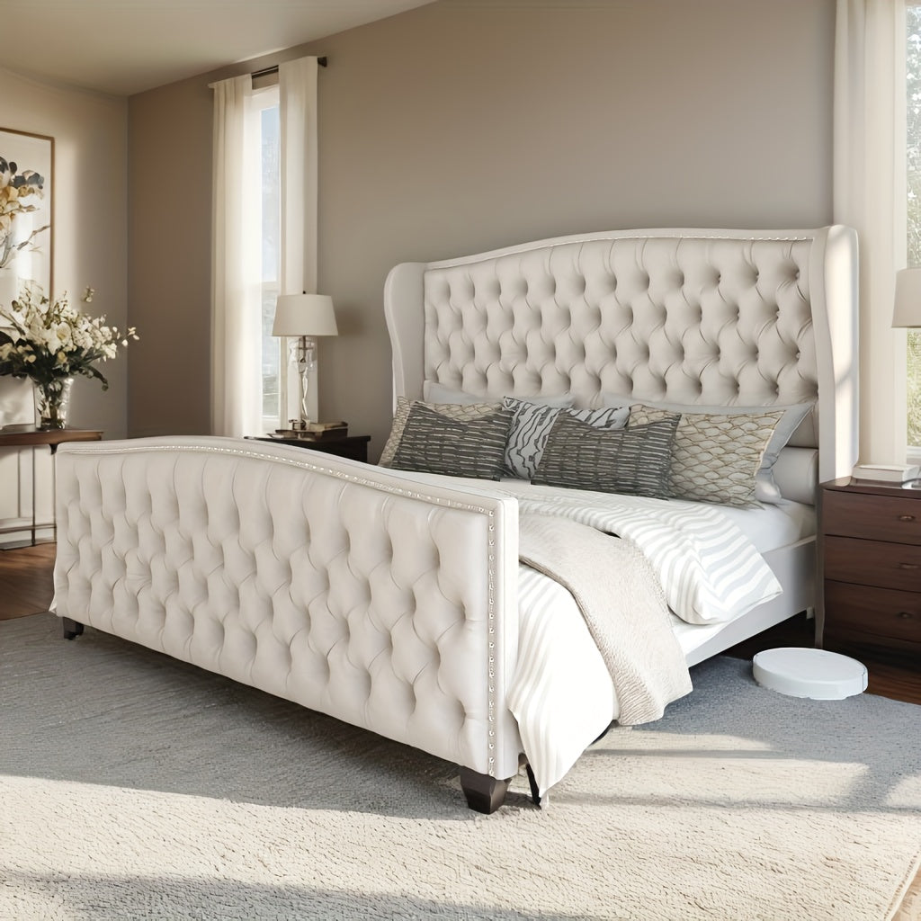 Handcrafted Velvet Bed Frame Featuring a Wingback Headboard, Adorned with Button Tufting And Nailhead Accents, Supported by Wooden Slats.
