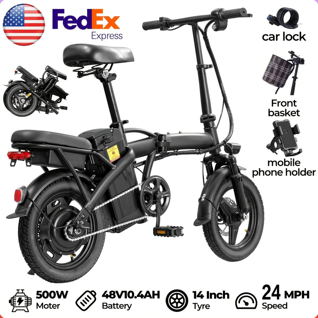 14 Inch Folding Electric Bikefor Adults And Teens, 500W Peak Motor, Top Speed 15-24MPH, Portable Foldable Commuter Bicycle For Urban Travel