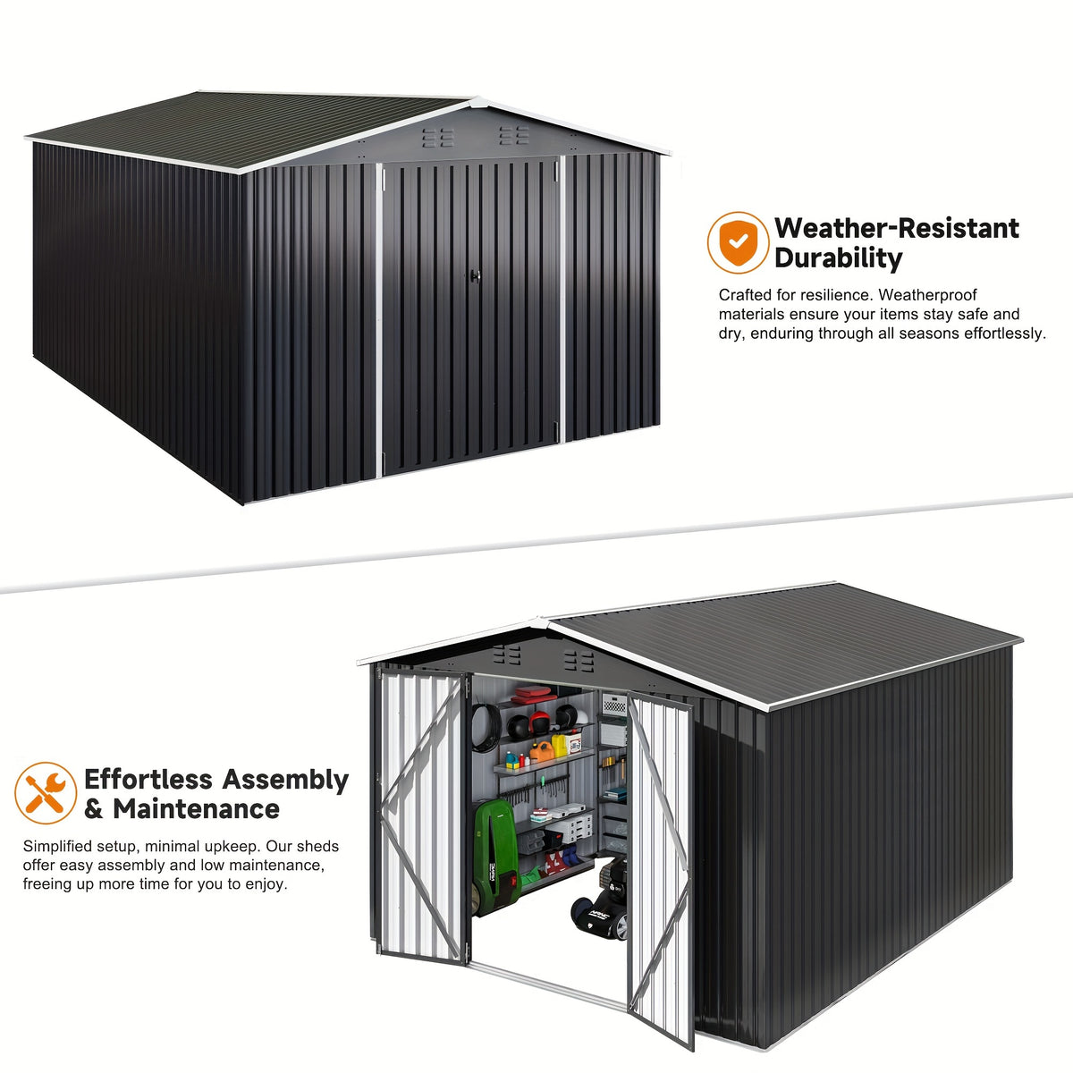 5x3-12x14ft Outdoor Storage Shed, Metal Garden Shed with Updated Frame Structure, Tool Sheds for Backyard Garden Patio Lawn, Black Or White