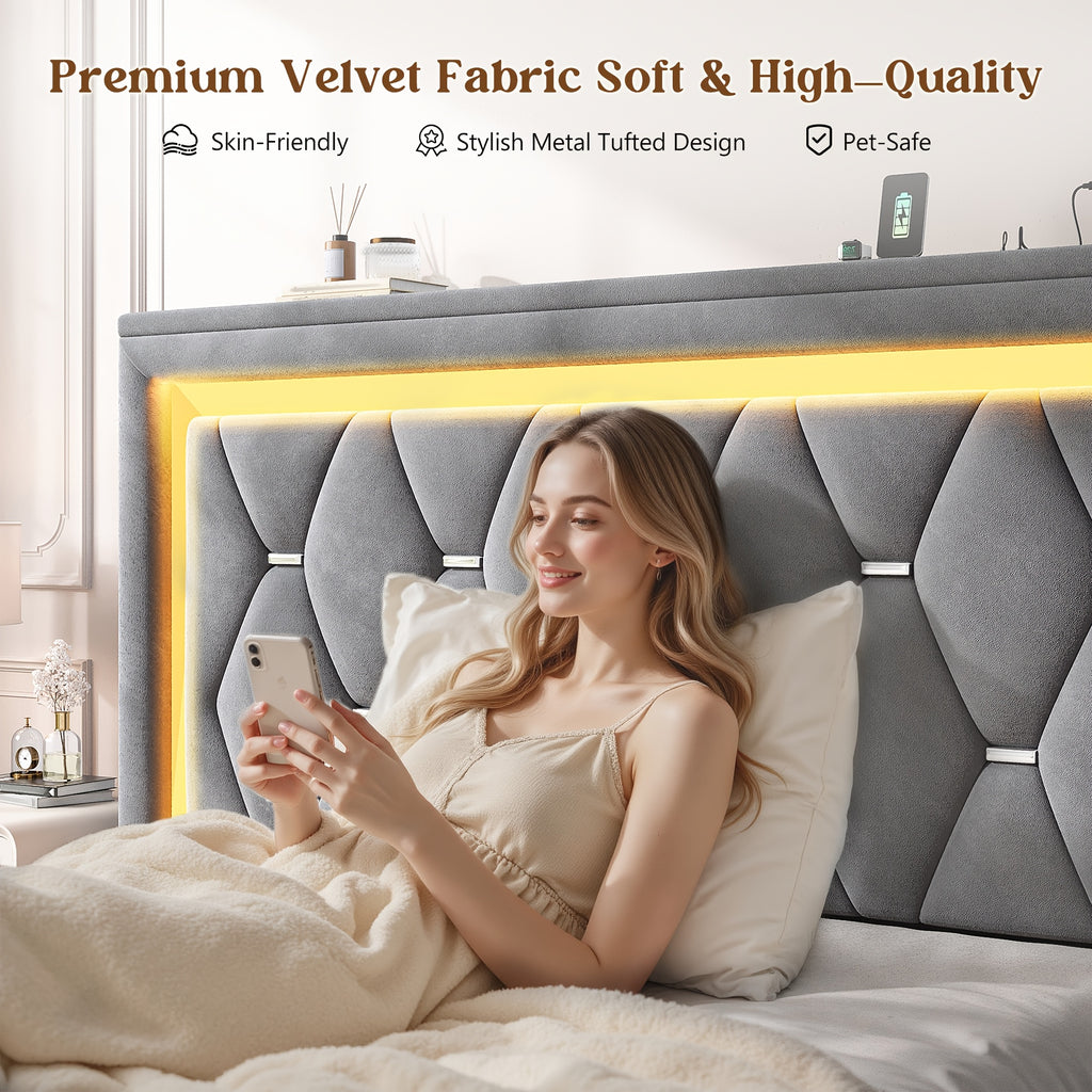 Queen/Full Size Bed Frame With 4 Storage Drawers & Headboard Adjustable, Velvet Platform Bed With LED Lights, Charging Station, Sturdy Wooden Slats Support, No Box Spring Needed, Beige, Grey