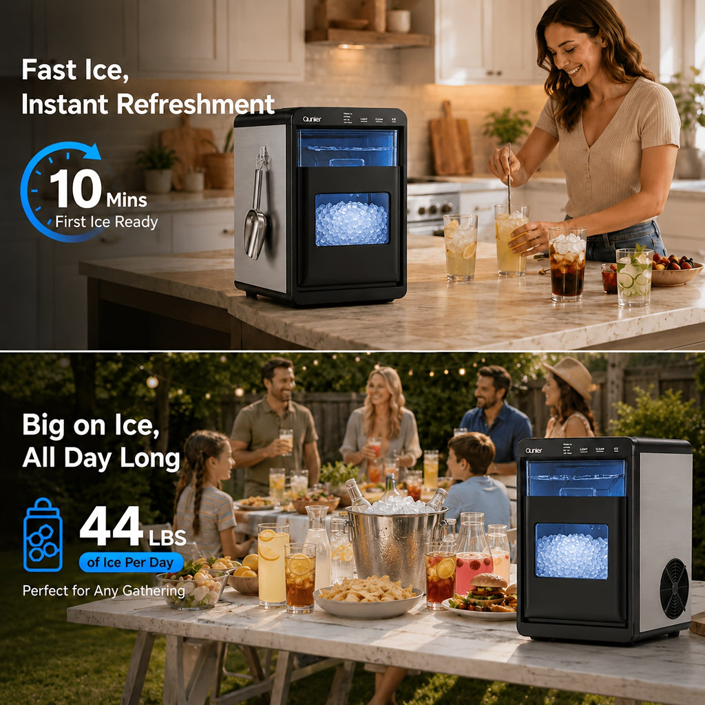 Nugget Ice Maker Countertop, Soft Chewable Pellet Ice Machine, Qunler 33/44Lbs Per Day Self-Cleaning Stainless Steel Ice Maker For Iced Coffee, Soda, Tea And Home Coffee Bar & Gifts For Coffee Lovers