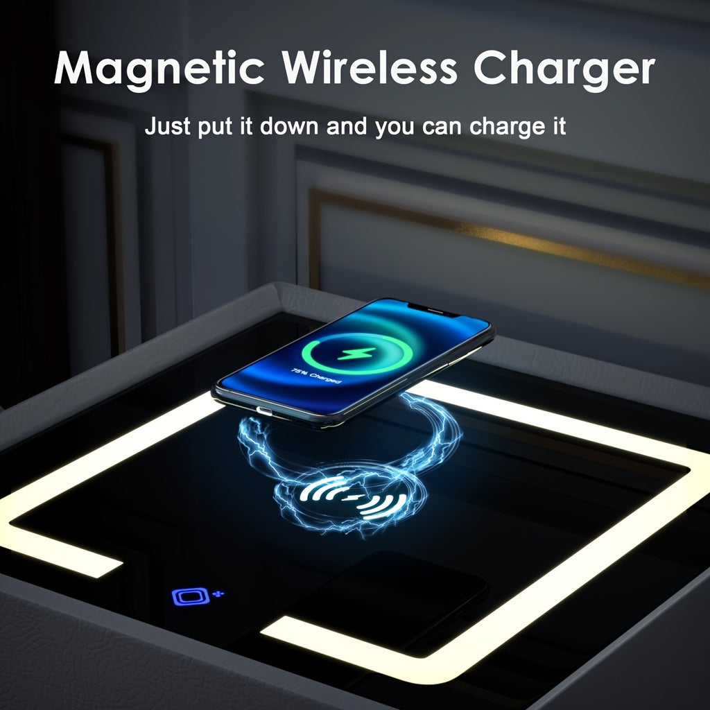 Modern 4 in 1 Wireless Charging Bedside Cabinet with Large Capacity, LED Three-Color Changing Light, Office Storage Cabinet with Drawers Combination Lock, Bedside Cabinet, Bedside Table, Sofa Side Table, Space-Saving, No Assembly Required