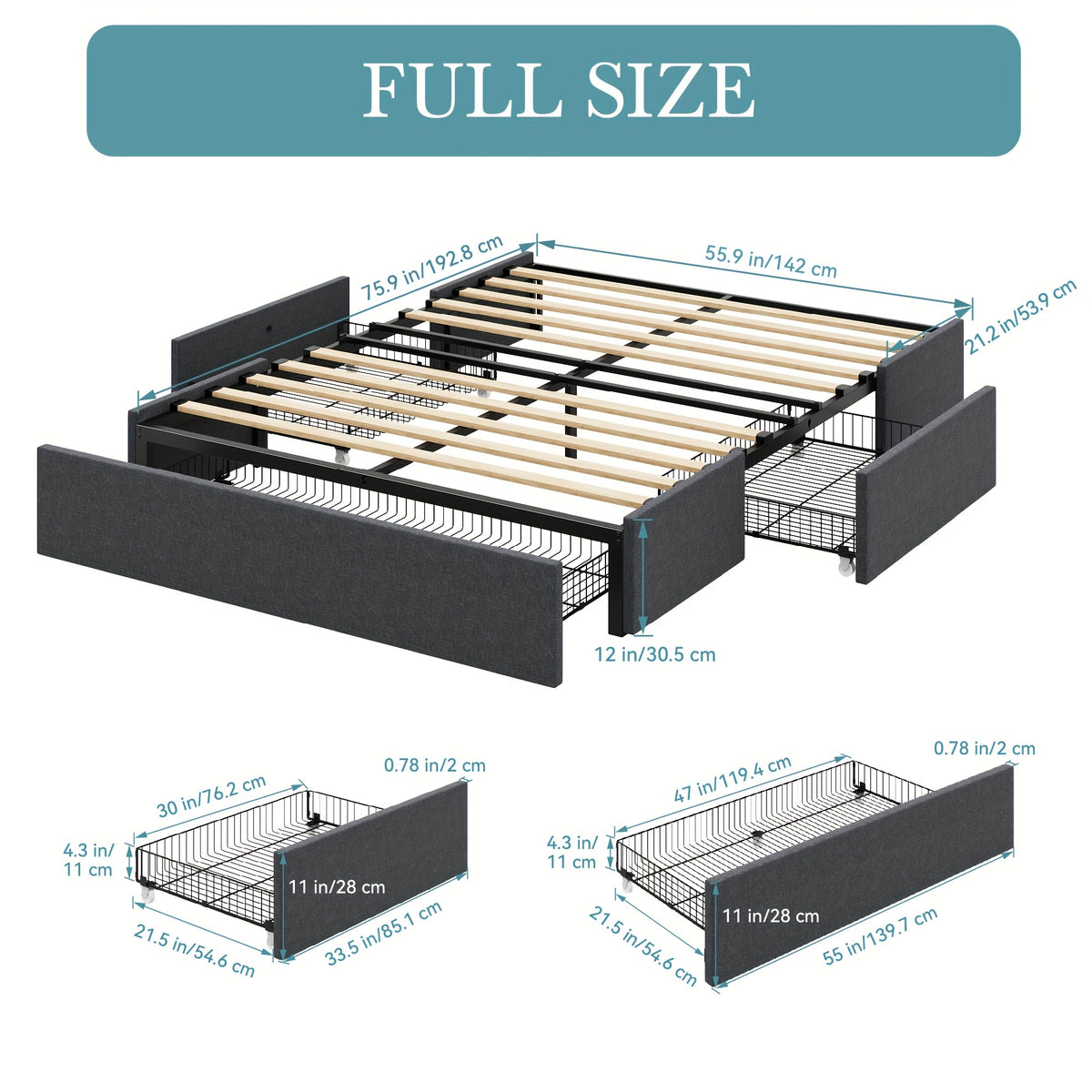 HOOMIC Full/Queen Size Platform Bed Frame with 3 Storage Drawers, Linen Fabric/Faux Leather Upholstered, Headboard Compatible, Wooden Slat Support, No Box Spring Needed, Noise Free, Dark Grey/Black