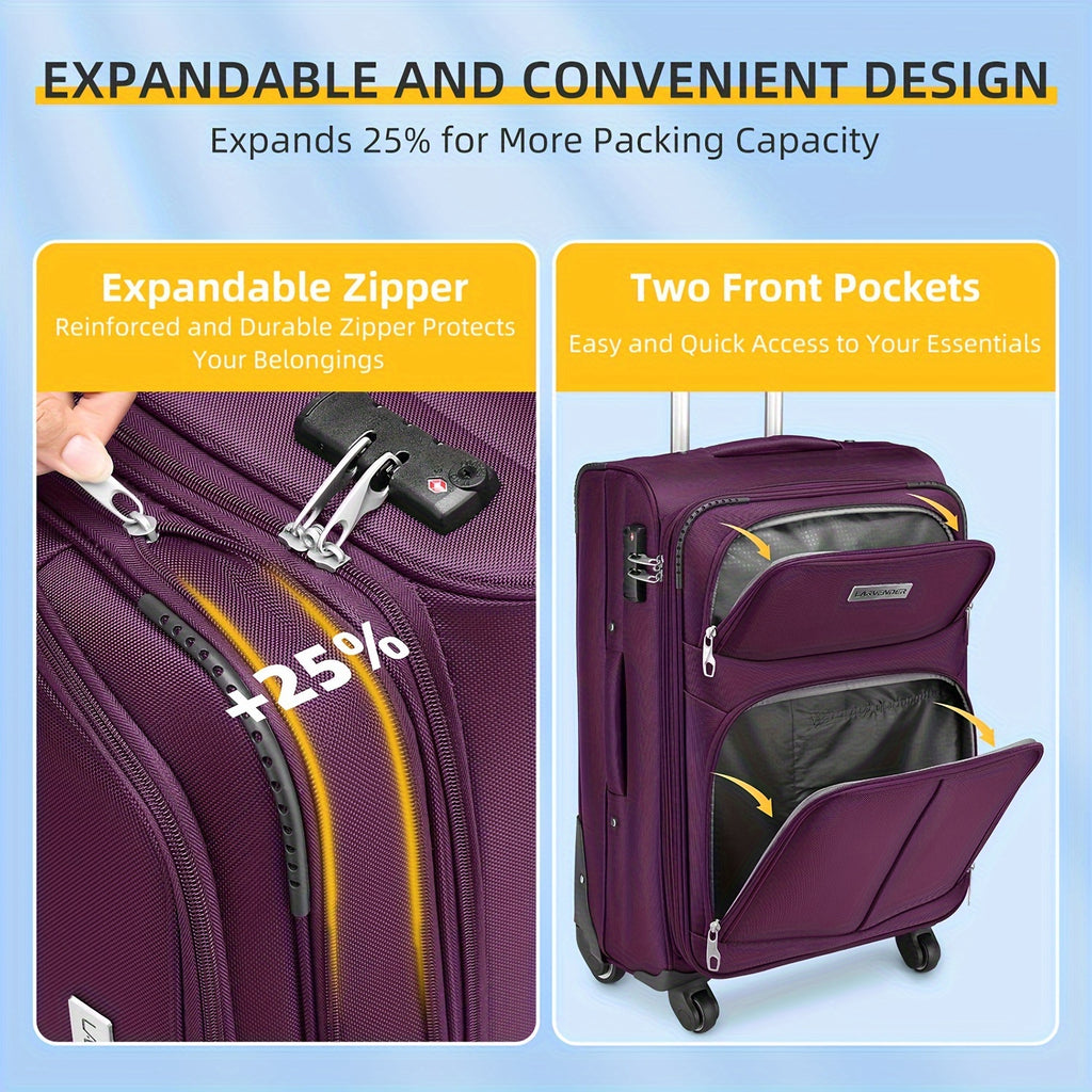 5pcs Soft Luggage Collection Including a Duffel, a 20-Inch Carry-On, And 24 & 28-Inch Expandable Rolling Suitcases, Featuring Rotating Wheels, Lightweight Design, Tsa-Approved Lock, in Purple Color
