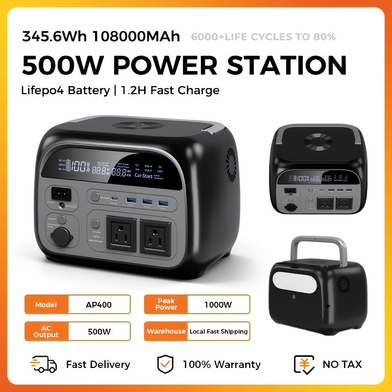 Ctolity Peak 1000W, Rate 500W Portable Power Station, 345Wh LifePo4 Battery, UPS Function, Pure Sine Wave, Backup Power for Home Blackout/ RV/ Camping, Emergency Power Supply, Compact Design, Durable Construction, Cell Phone Battery Charger