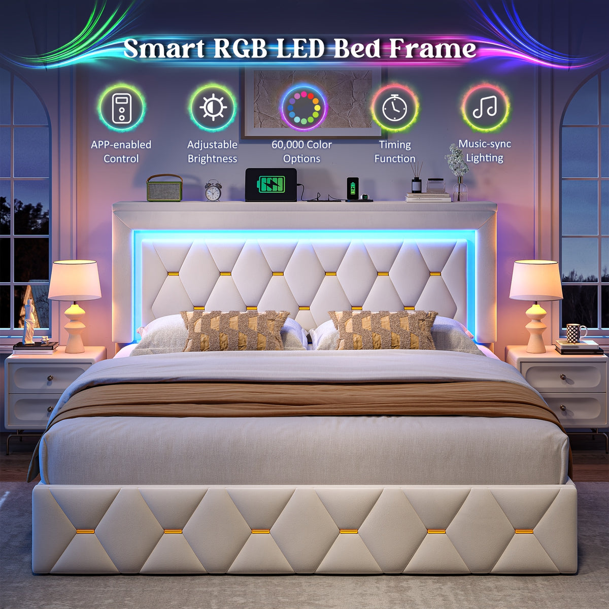 Queen/Full Size Bed Frame With 4 Storage Drawers & Headboard Adjustable, Velvet Platform Bed With LED Lights, Charging Station, Sturdy Wooden Slats Support, No Box Spring Needed, Beige, Grey