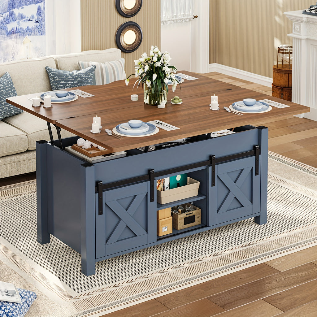 Farmhouse Lift Top Coffee Table with Hidden Compartments And Open Shelves, Center Table with Sliding Barn Door for Living Room Home Office, Light Oak Gray
