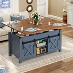 Farmhouse Lift Top Coffee Table with Hidden Compartments And Open Shelves, Center Table with Sliding Barn Door for Living Room Home Office, Light Oak Gray