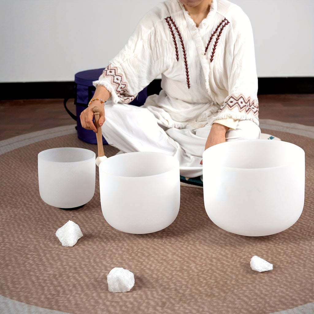 7-11Inch Quartz Crystal Singing Bowls Set of 3 Pure White for Mindfulness Meditation Yoga Sound Bowls with Case And Mallet