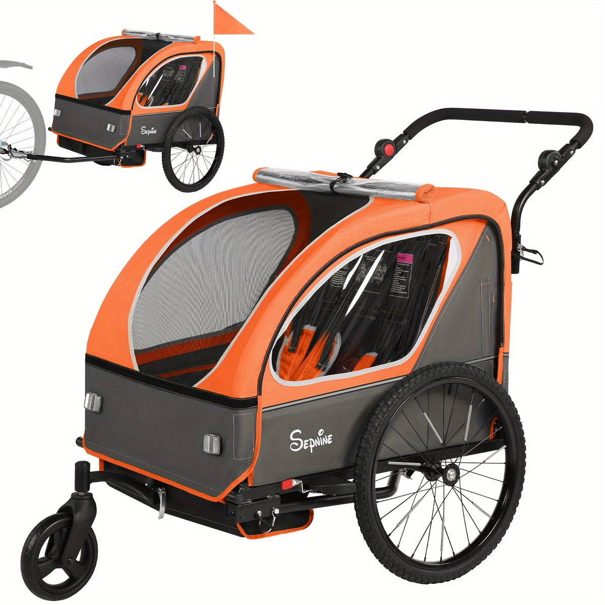 MOJAY Bike Trailer for Kids, 2 In1 Canopy Carrier Converts to Stroller, Suitable for 1 to 2 Toddlers, Kids, Quick Attach to Bike, Foldable, with 5-Point Harness And Storage Bags