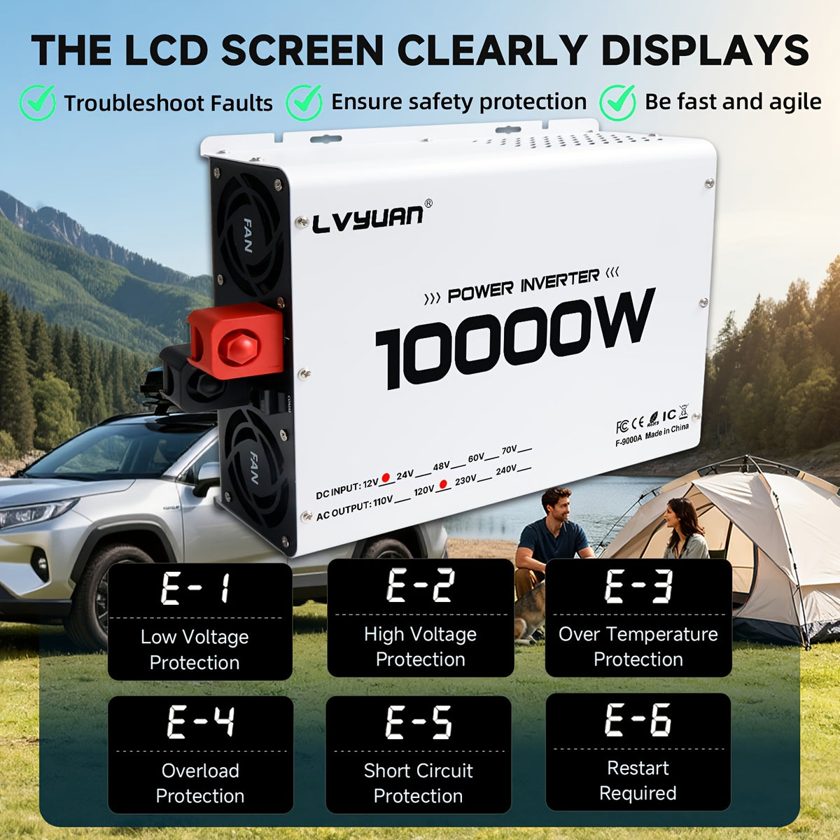 LVYUAN Power Inverter, 10, 000 W (Peak), 12V DC to 110V/120V AC Converter, Suitable for Homes, Rvs, Boats, Off-Grid Solar Systems, And Vehicles. Features USB Charging Ports, 4 AC Power Outlets, Dual USB Ports, an LCD Display, And A Remote Control