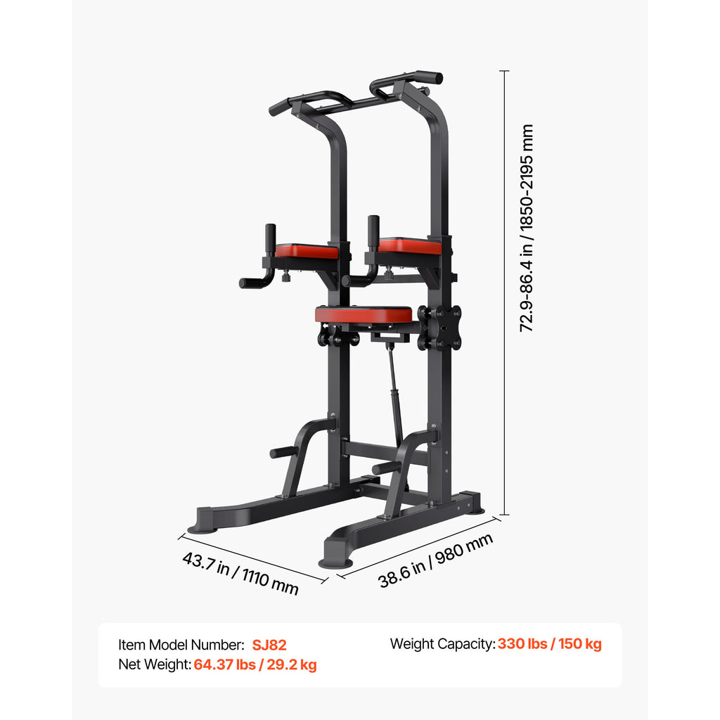 VEVOR Pull Up Bar, 330 LBS Power Tower Dip Station,With pallet/With butterfly arm, Workout Dip Station with H-Shaped Stable Base & Assistance Platform, Adjustable 9 Level / 12 Level Height Pullup Stand for Back, 3-Level / 4-Level Adjustable Elbow Pads