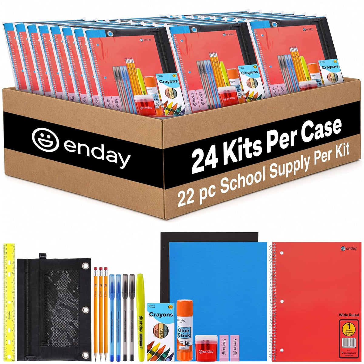 24 Pack School Supply Kits for Kids, 22-Piece Back to School Supplies with Notebook, 2 Folders, Pencil Pouch, 4 Pens, 3 Pencils, 5 Crayons, Glue Stick, Highlighter, Ruler, 2 Erasers & Sharpener & More!