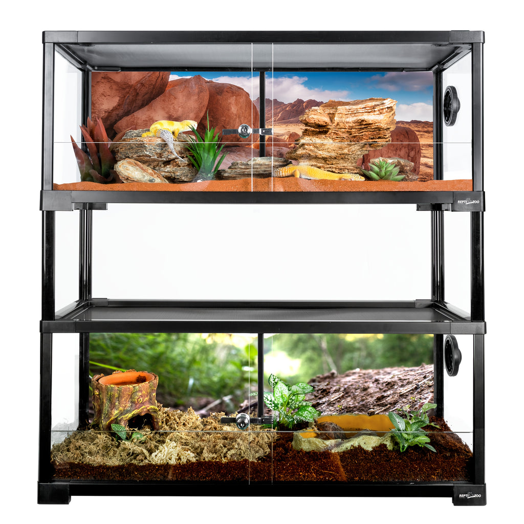 REPTI ZOO Double Stacked Reptile Tank, 30" X 12" X 12" Tall Reptile Terrarium, Front Opening, Full Vision, Knock Down, 2 Pack 20 Gallon Glass Cage for Reptile, Bearded Dragon, Lizard, Gecko