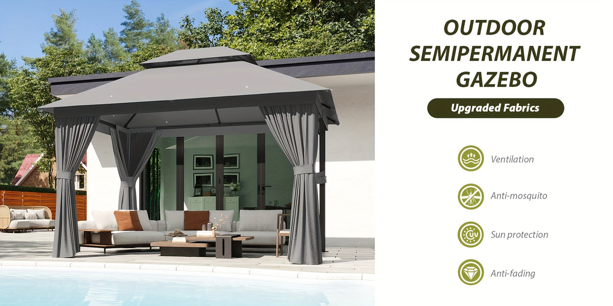 10'X12' Outdoor Double Ventilated Gazebo & Pergola On, Heavy Metal Frame Double Roof, Party Tent with Mosquito Net And Privacy Screen, Suitable for Backyard, Lawn, Garden, Deck (Grey/Beige/Blue 10'X12'/10'X10/8'X8')
