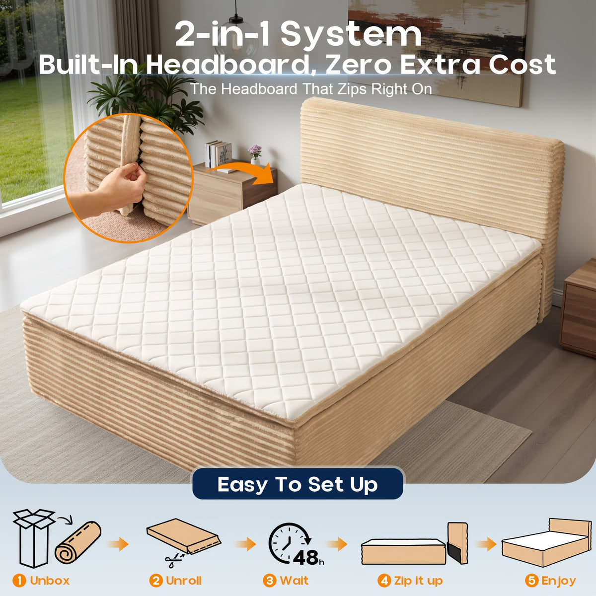No Assembly Sofa Bed, All-in-One Design Shipped In A Compact Box. Unpack, Allow To Expand, And Use Same Day. Plush Fabric Bed & Couch With High Resilience Foam, For Living Room, Bedroom, Studio (Queen, Full, Twin)