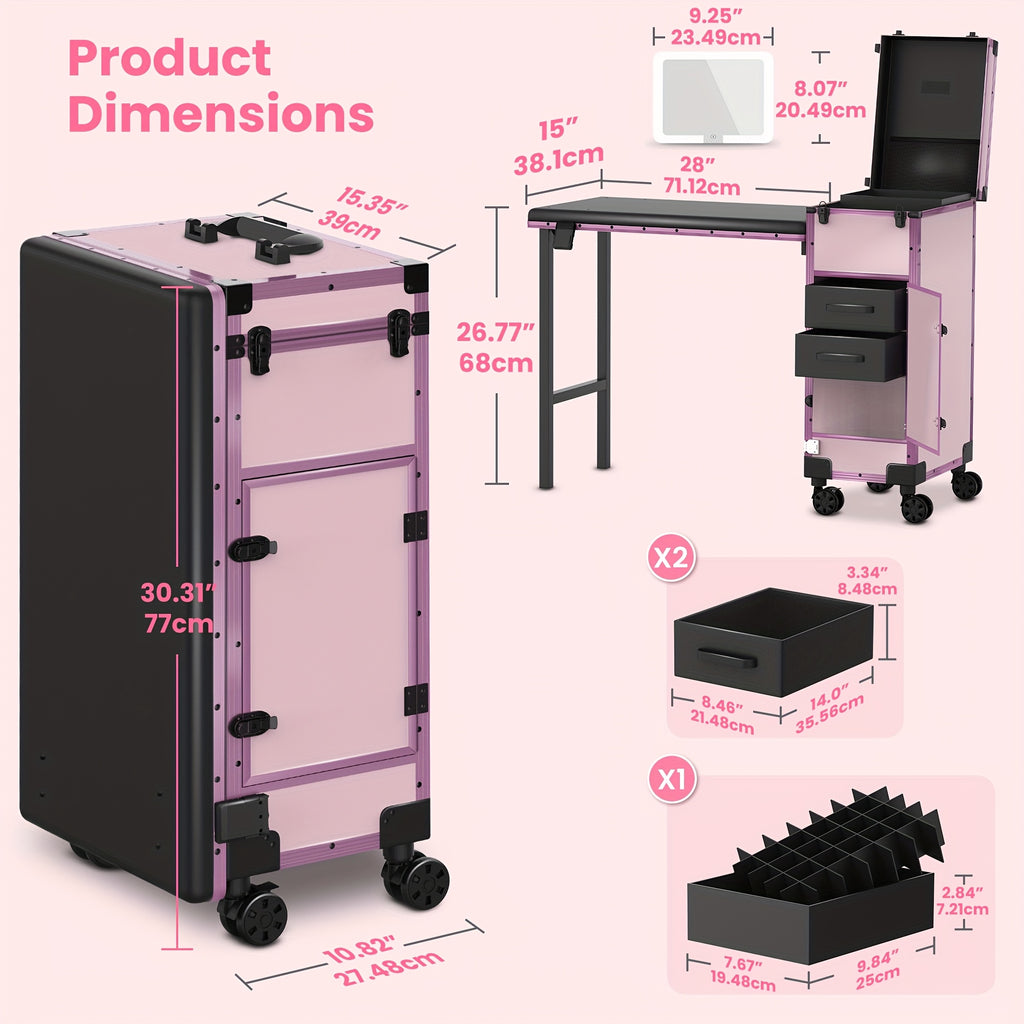 [Portable Foldable Nail Desk] Rolling Portable Manicure Table With Drawers, Mirror And Nail Polish Organizer, Lockable Makeup Train Case, Foldable Nail Desk, Bonus 3pcs Eyebrow Razors