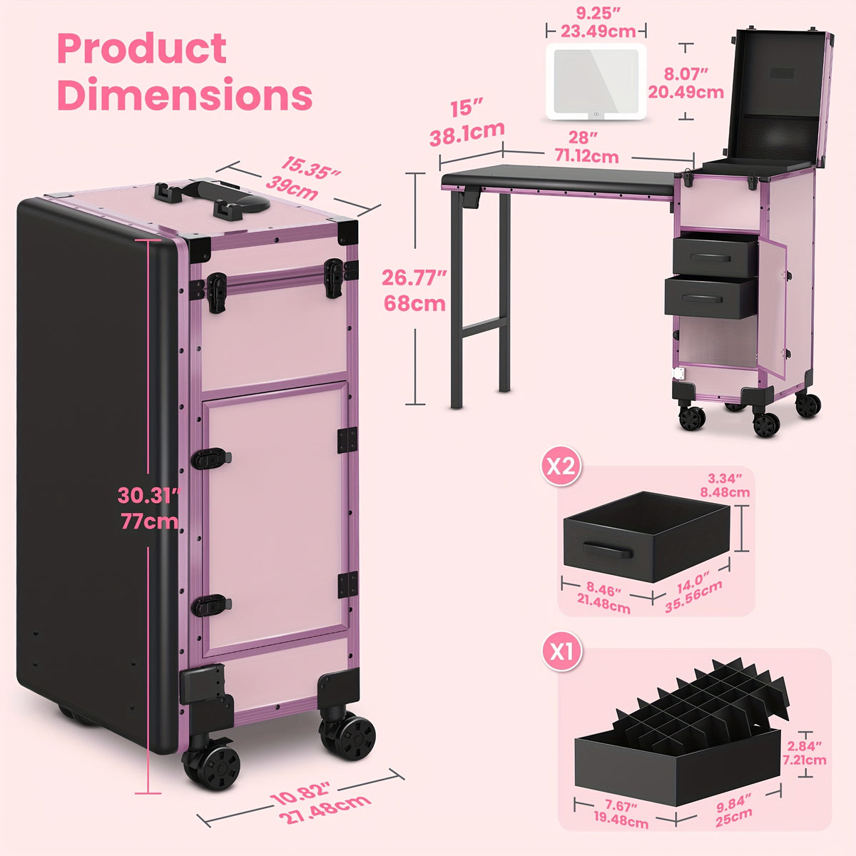 [Portable Foldable Nail Desk] Rolling Portable Manicure Table With Drawers, Mirror And Nail Polish Organizer, Lockable Makeup Train Case, Foldable Nail Desk, Bonus 3pcs Eyebrow Razors