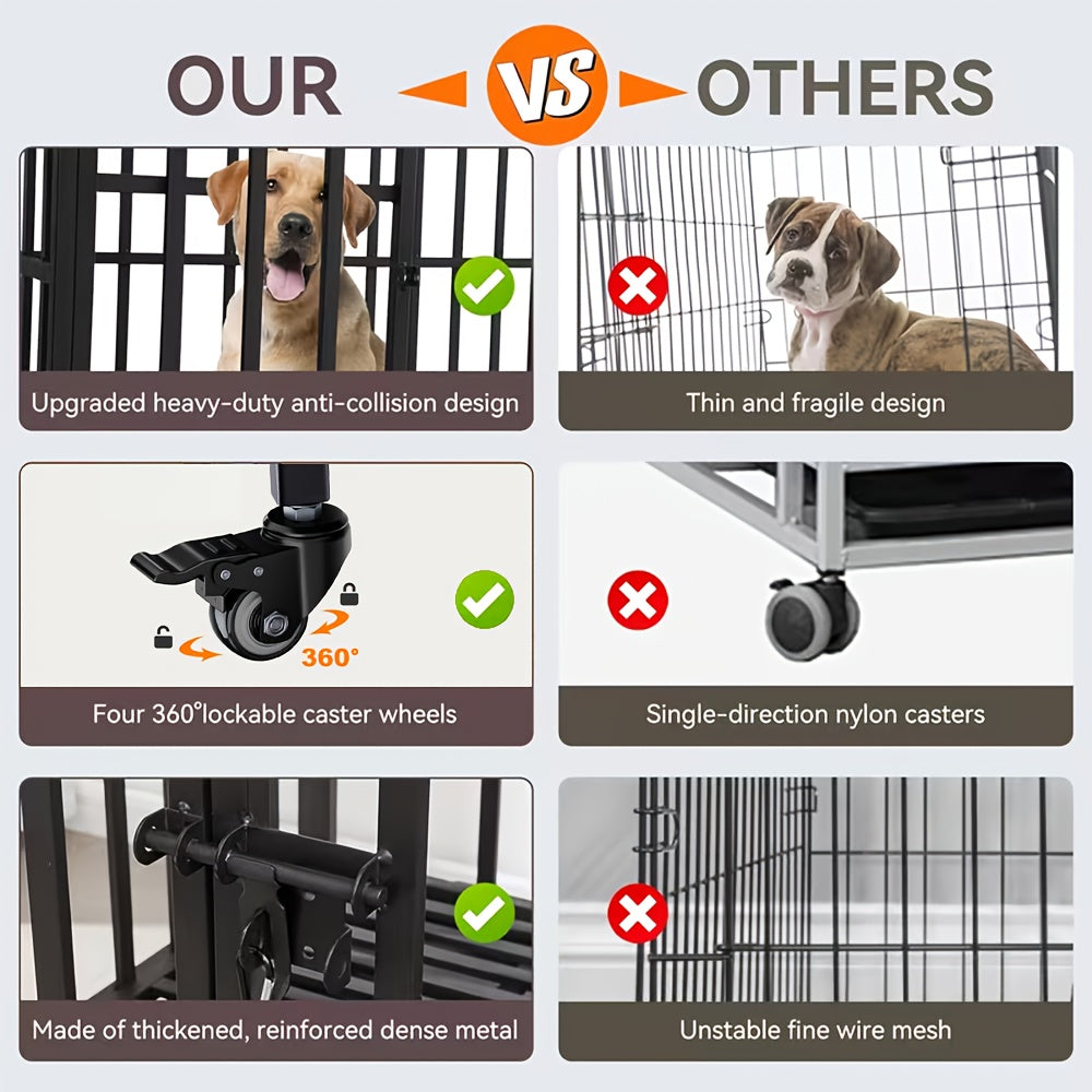 Extra Large Heavy Duty Dog Cage, 43.2 Inch - Indestructible Metal Kennel, Escape-Proof, with Lockable Wheels And Triple Doors, Ideal for High-Anxiety Pets, Indoor/Outdoor Use, High-Anxiety Pet Cage