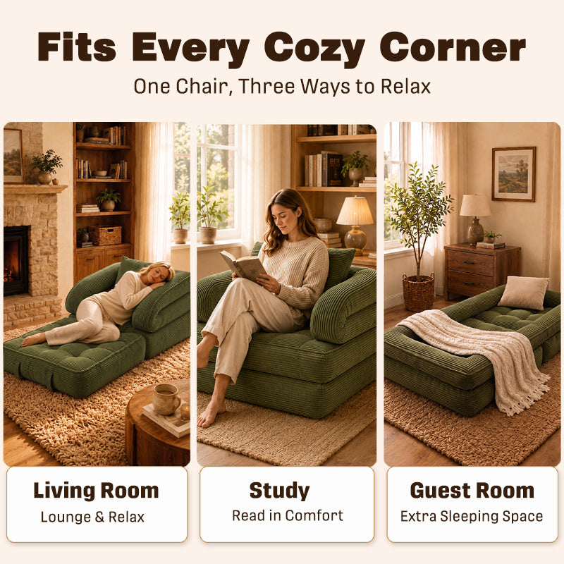 3-in-1 Convertible Folding Sofa Bed, Floor Futon Couch Cloud Shaped Corduroy Upholstered, High-Density Foam Ultra-Soft Comfy Lounge Bean Bag Chair, Versatile Pull-Out Sleeper for Living Room Guest