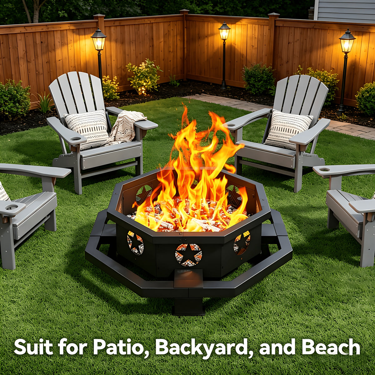 43 Inch Fire Pit For Outside Wood Burning, Outdoor Octagonal Fire Pit With Poker, Large Firepit For Camping, Backyard, Patio, Black