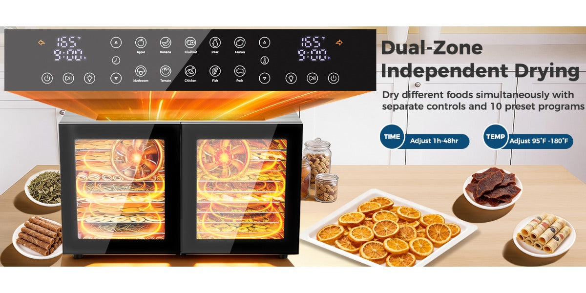 Dual Zone Food Dehydrator, 20 Stainless Steel Trays, 1300W Dual Layer Food Dryer with Recipe, 180°F Adjustable Temp, 48H Digital Timer, 10 Presets for Jerky, Meat, Fruit, Herbs