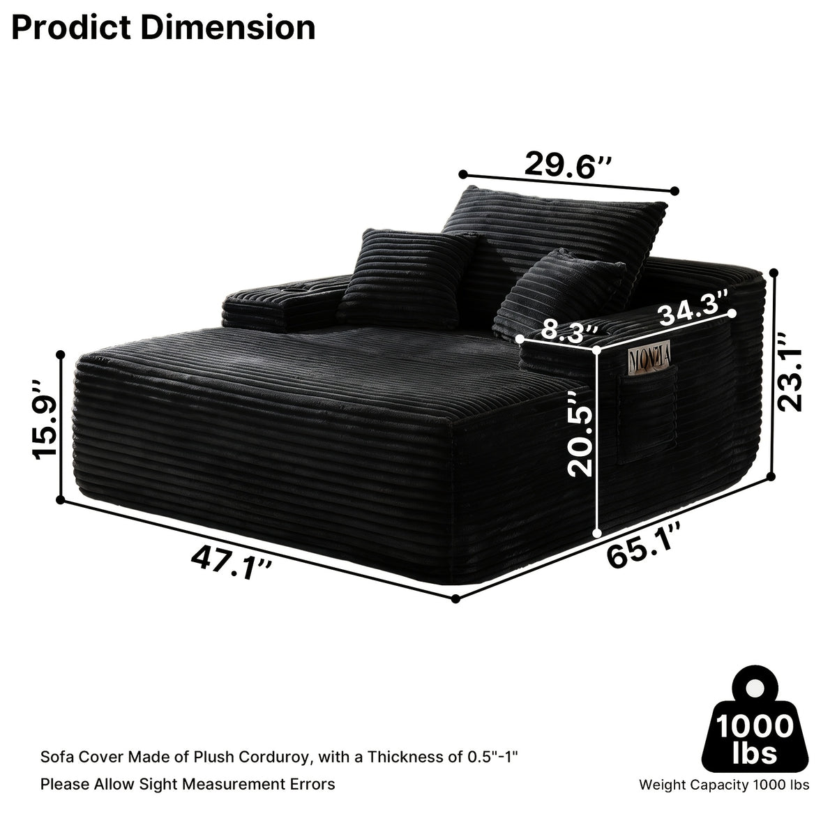 Extra-Large Boneless Sofa Chaise Lounge, with Cup Holder And Side Pockets, Living Room Sofa Chair Bed, Compressible High-Rebound Foldable Recliner, Supportive Pocket Spring System And High-Density Foam Padding, Non-Sinking Convertible Lounge Bed