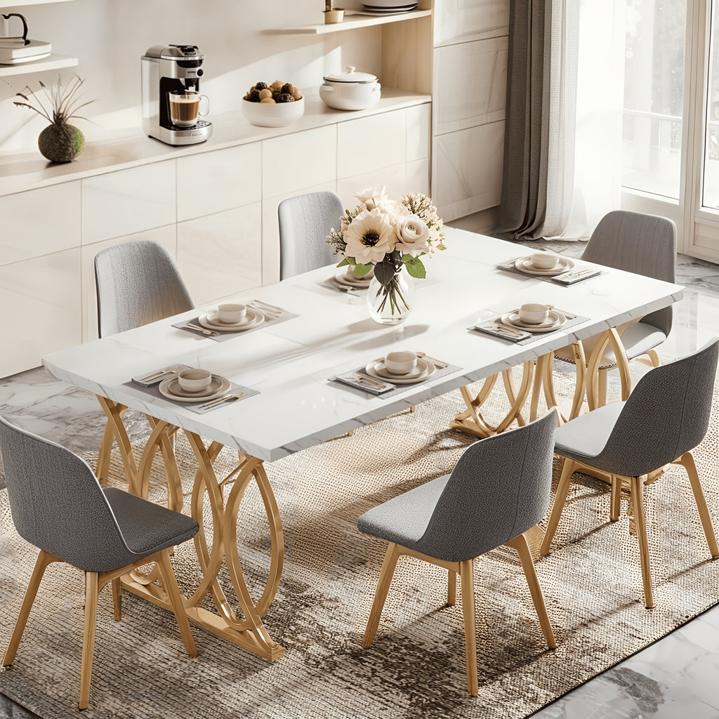Modern Dining Table for 4-6 People, 63" Large Kitchen Table, Unique Rectangular Dinner Table, Dining Room Furniture with Faux Marble Tabletop And Geometric Legs