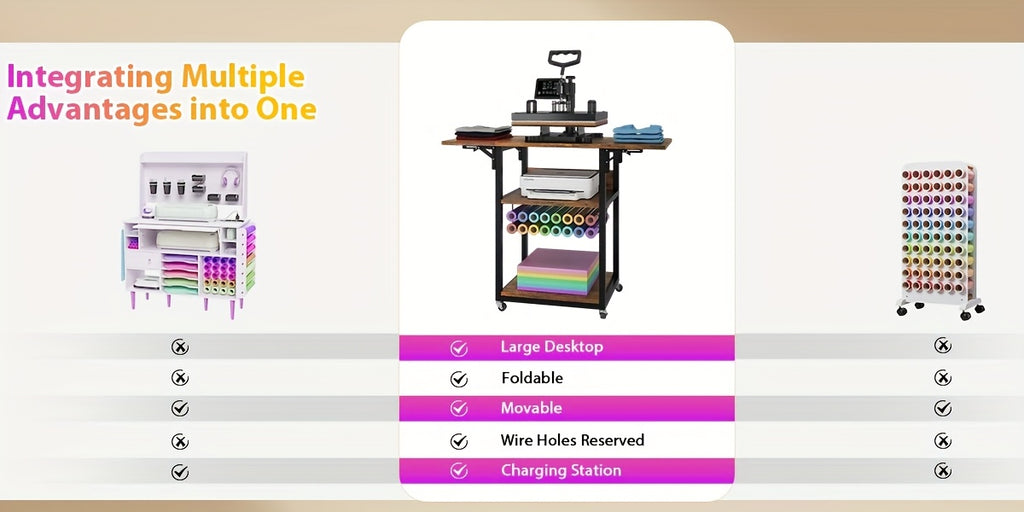 Foldable Heat Press Table, 3 Tier Movable Heat Press Stand With Vinyl Roll Holder, Heavy Duty Metal Shelf Cart For DIY Sublimation Transfer Machine And Printer, Brown