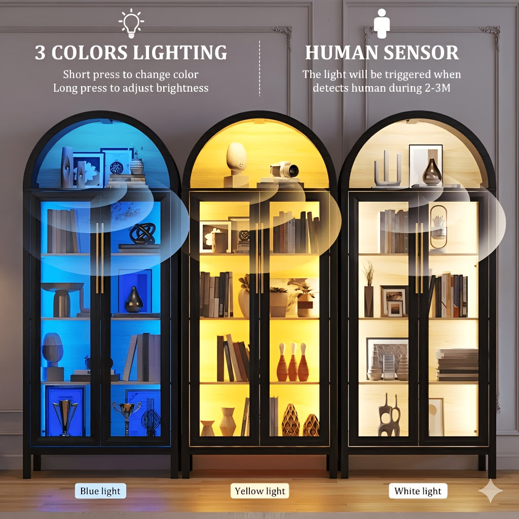 HWB Display Curio Cabinet with Glass Doors, Arched Bookcase 5-Tier Tall Storage Cabinet for Collectibles, Display Case with 3 Color Lights, Human Sensor Design, Black And Brown