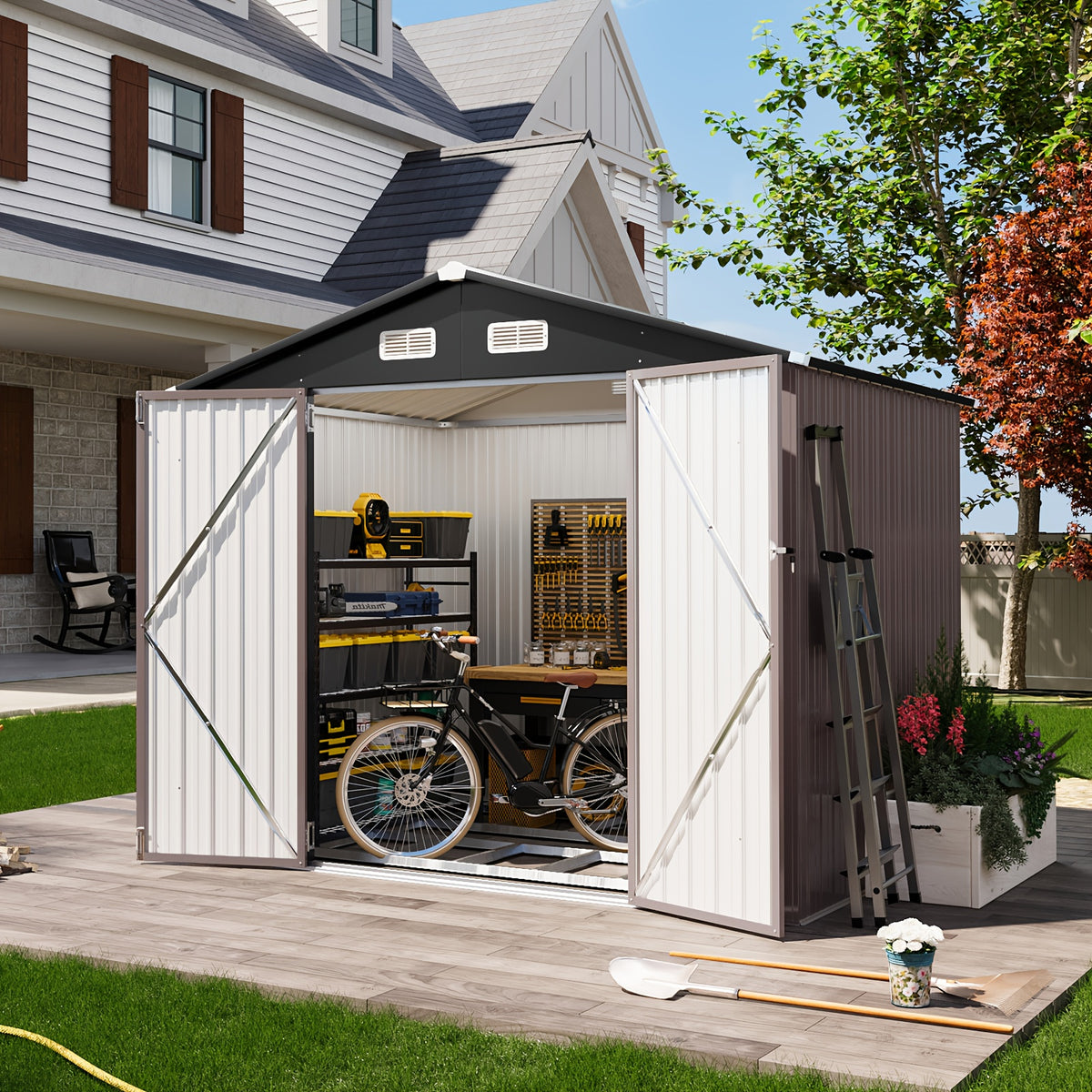 12x20x9.3/12x14/6x4ft Metal Storage Shed - Outdoor Garden Shed Kit, Lockable Tool Shed, Backyard Shed with Double Hinged Doors, 4 Windows, Carport for Car, Truck, Bike and Lawn Mower & Equipment, Brown
