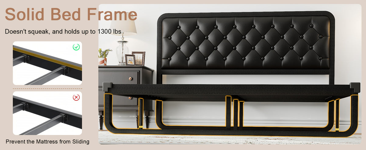 Sturdy Platform Bed Frame Featuring a Button-Tufted Headboard in Black Faux Leather Or Dark Grey Linen, Offering 12 Inches of Storage Space