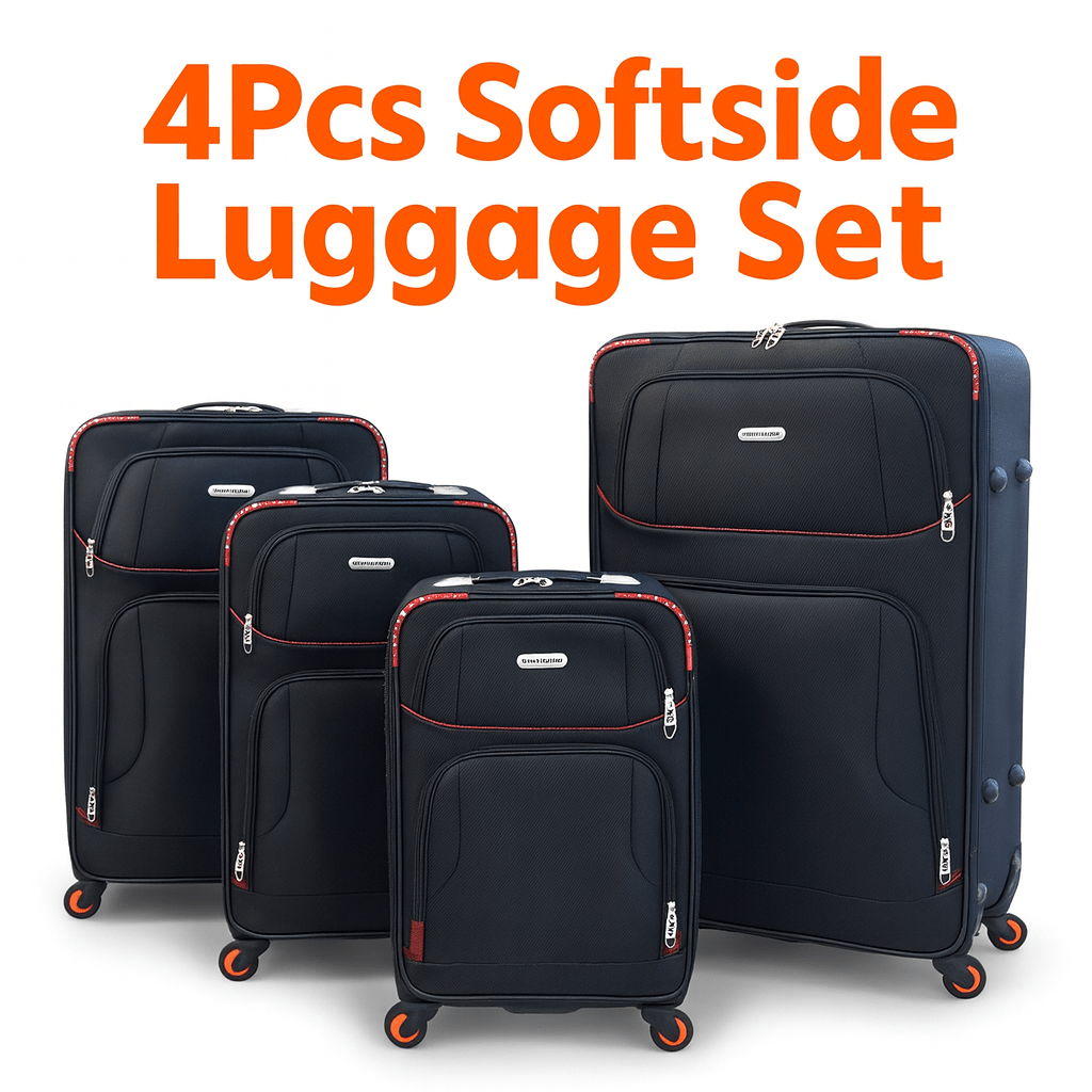 4-Piece Softside Spinner Suitcase Set – Lightweight Expandable Luggage with 360° Wheels, Telescopic Handles, & Multi-Pocket Design – Black, Burgundy, Navy