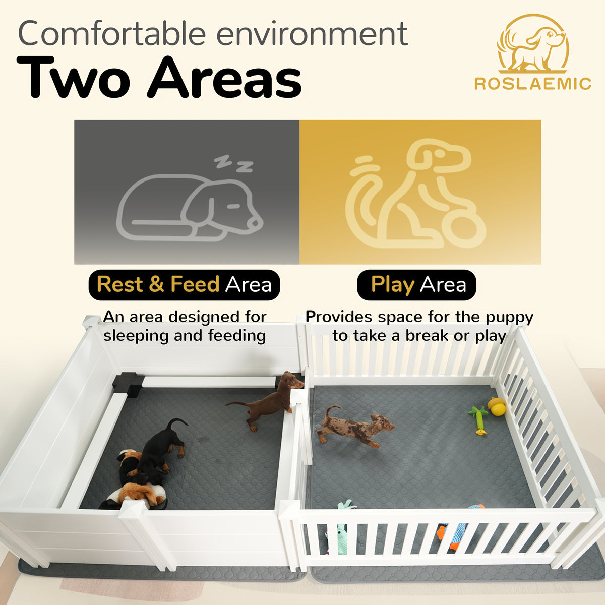 [Whelping Box For Dogs] Roslaemic 2-Rooms Whelping Box For Dogs And Puppies With Rails, 96" L X 48" W X 19" H, Suitable For Large/Extra Large Dogs, White