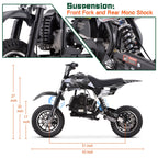 39cc gas powered mini bike, 4-stroke engine motorcycle with a maximum speed of 20 miles per hour, compact off-road bike, durable metal frame, easy to start drawstring system, small energy-saving motorcycle suitable for outdoor exploration, front and rear