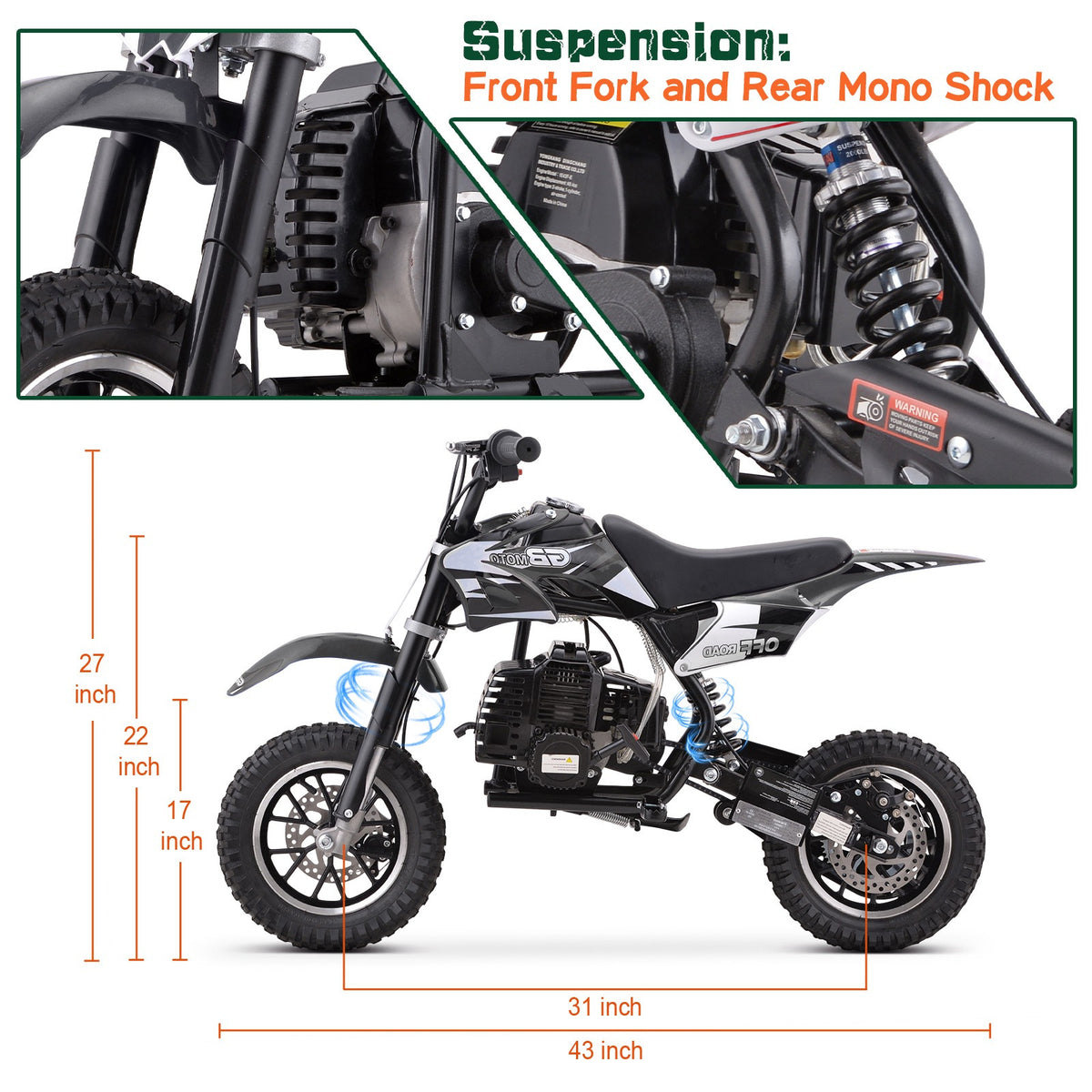 39cc gas powered mini bike, 4-stroke engine motorcycle with a maximum speed of 20 miles per hour, compact off-road bike, durable metal frame, easy to start drawstring system, small energy-saving motorcycle suitable for outdoor exploration, front and rear