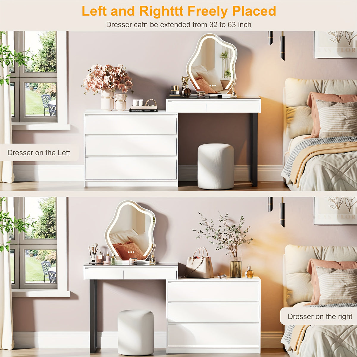 Corner Vanity Desk with Mirror And Lights, Makeup Table with Drawers And Jewelry Cabinet, 3-Color LED Lights And 5-Drawer Large Vanity with Storage, Bedroom, Dressing Table