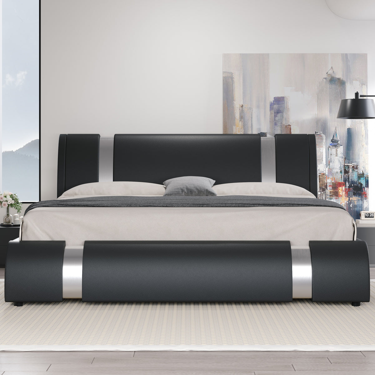 HOOMIC Contemporary Imitation Leather Bed Structure Featuring Metal Accents, Low-Set Platform Bed with Adjustable Headboard, Sturdy Wooden Slat Support, No Box Spring Required