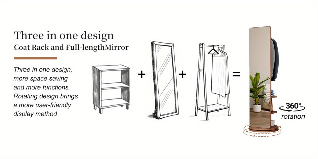 Full Length Mirror with Coat Rack & Storage, 360° Rotating Solid Wood Standing Floor Mirror with Shelves for Bedroom, Entryway, Dressing Room