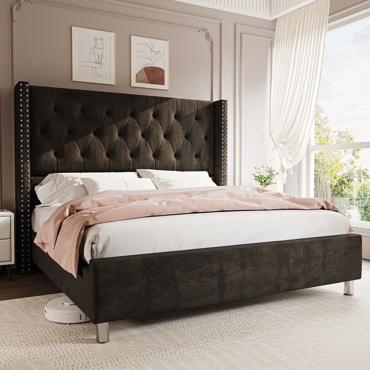 ALBOTT Upholstered Platform Bed Frame with 50 Inch Velvet Wingback Headboard, Button Tufted and Nailhead Trim, No Box Spring Needed, Easy Assembly