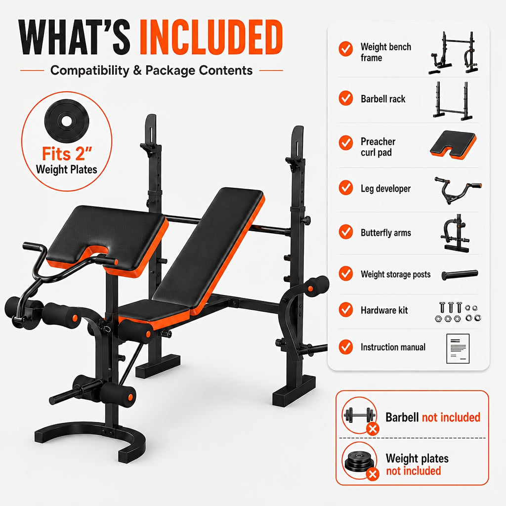 6-In-1 Professional Fitness Bench Set for Leg Extension, All-In-One Adjustable Weight Bench Full Body Strength Training, with Squat Rack, for leg Developer & Preacher Curl Pad, Ideal for Home Gym Use (Barbell Not Included)